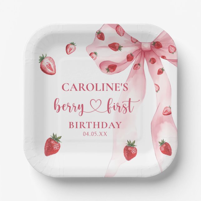 Bow Berry First Strawberry Birthday Paper Plates (Front)