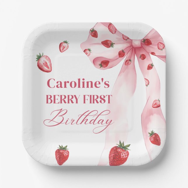 Bow Berry First Strawberry Birthday Paper Plates (Front)