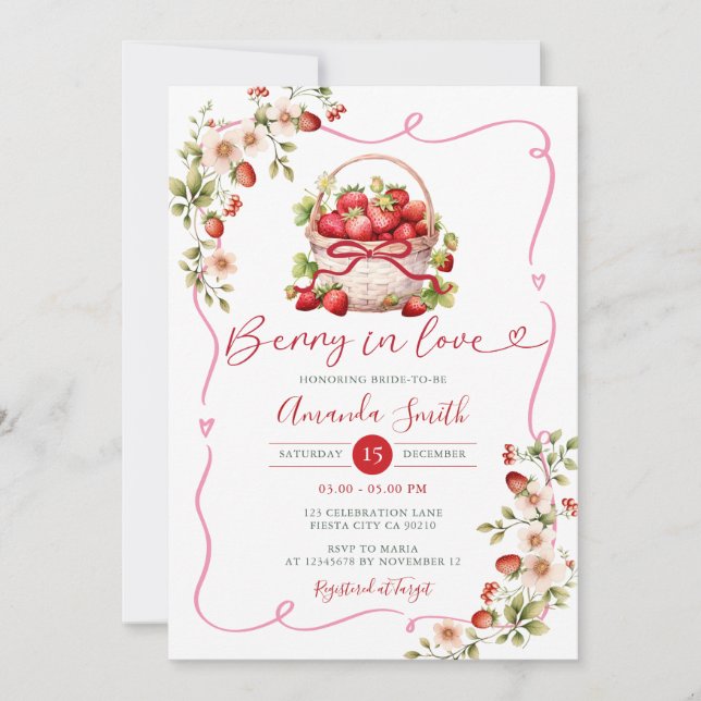 Bow Berry in love strawberry Bridal Shower Floral Invitation (Front)