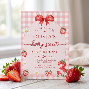 Bow Berry Sweet Girl 3rd Birthday Invitation