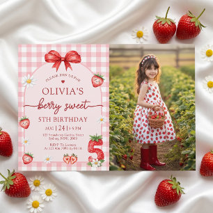 Bow Berry Sweet Girl 5th Birthday Invitation Photo