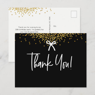 Bow Black Gold Confetti 30th Birthday Thank You  Postcard
