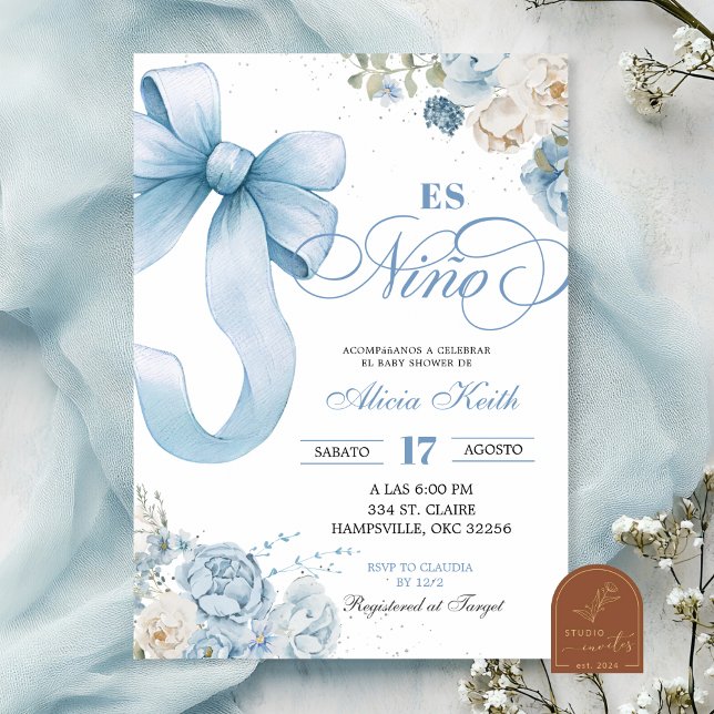 Bow Blue Coquette Spanish Es Nino Baby Shower  Invitation (Creator Uploaded)