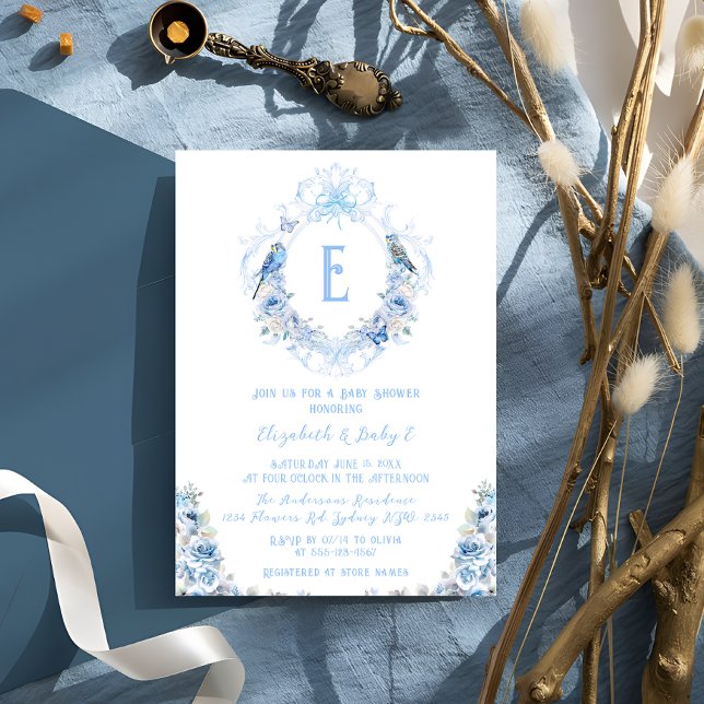 Bow Blue Floral Crest Baby Shower Invitation (Creator Uploaded)
