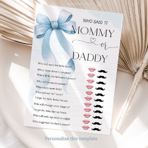 Bow Blue Mummy or Daddy Baby Shower Game Card