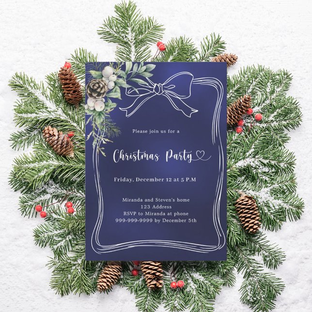 Bow blue pine greenery Christmas Party Invitation (Creator Uploaded)