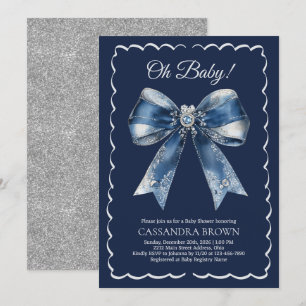 Bow Blue Silver Glitter Christmas Baby Shower Invitation