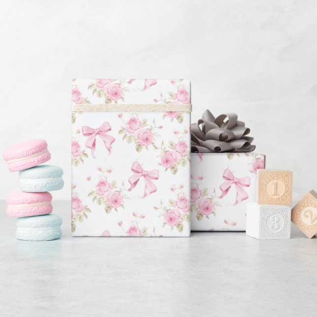 Bow Blush Pink Floral Baby Shower Wrapping Paper (Baby Shower)