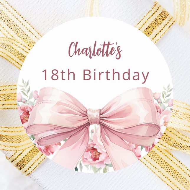 Bow blush pink florals birthday classic round sticker (Creator Uploaded)