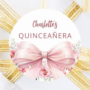 Bow blush pink florals Quinceanera Classic Round Sticker