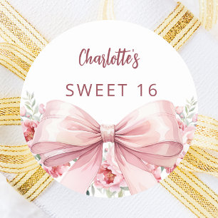 Bow blush pink florals Sweet 16 Classic Round Sticker