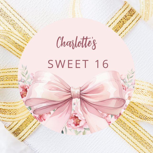 Bow blush pink flowers roses Sweet 16 Classic Round Sticker (Creator Uploaded)