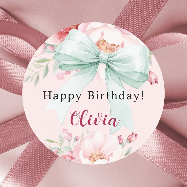 Bow blush pink sage green florals birthday classic round sticker (Creator Uploaded)