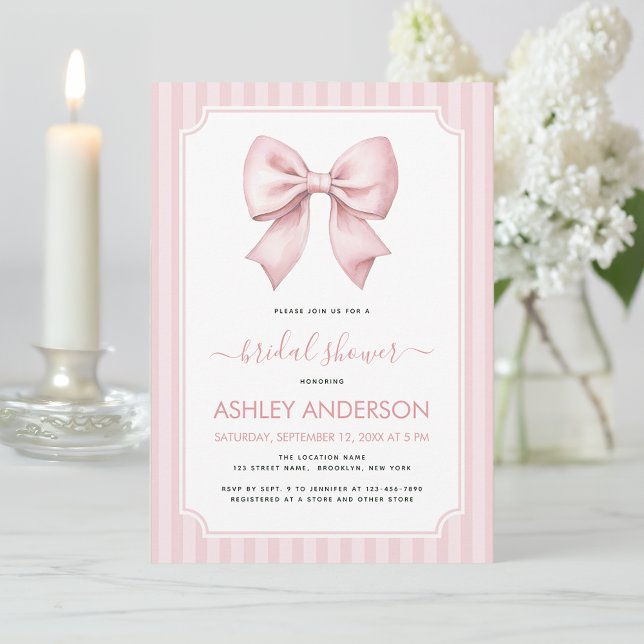 Bow Bridal Shower Pink Stripes Pattern Coquette Invitation (Creator Uploaded)