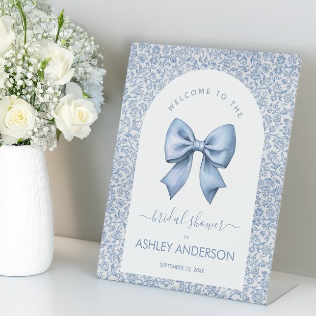 Bow Bridal Shower Welcome Blue White Pattern Arch Pedestal Sign (Creator Uploaded)