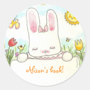 bow bunny bookplate classic round sticker