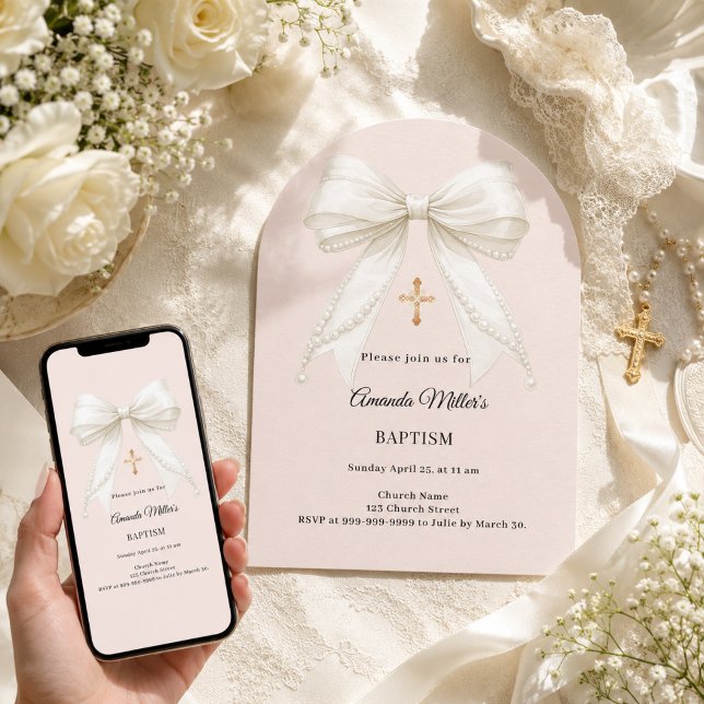 Bow champagne ivory pearls arch Baptism Invitation (Creator Uploaded)