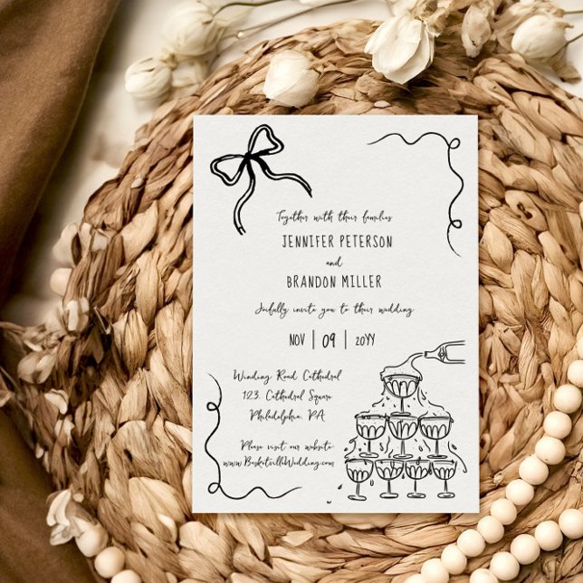 Bow champagne tower quirky wedding invitation (Creator Uploaded)