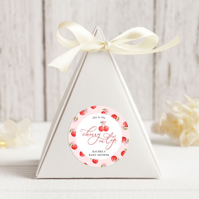 Bow Cherry on Top Baby Girl Shower Classic Round Sticker (Creator Uploaded)