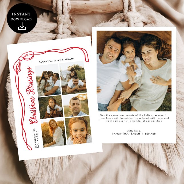 Bow Christmas Blessings Family 6 Photos Holiday Card (Creator Uploaded)