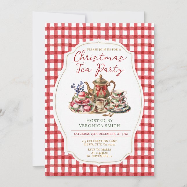 Bow Christmas Tea Party Floral Red Gingham Holiday Invitation (Front)