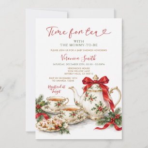 Bow Christmas Time for Tea Baby Shower with mummy Invitation