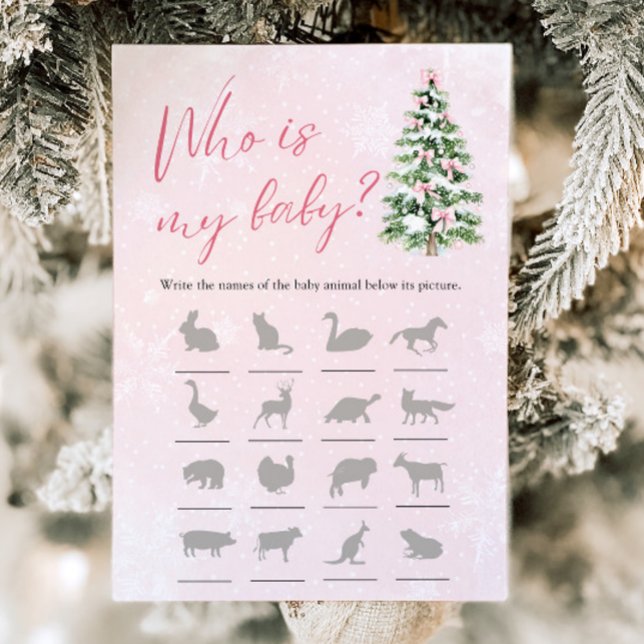 Bow Christmas Tree Baby Shower Who Is My Baby Game Invitation (Pink Bow Christmas Tree Baby Shower Who Is My Baby Game)