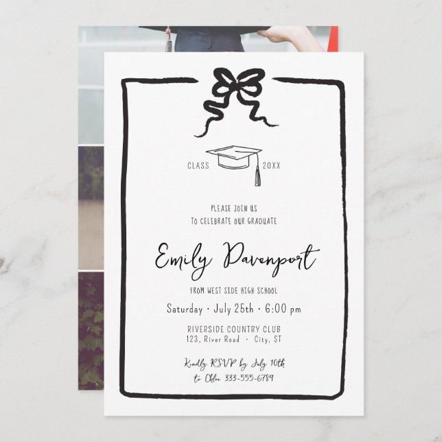Bow classy graduation 3 photos invitation (Front/Back)