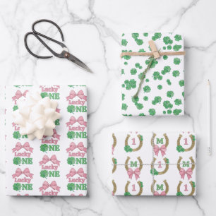 Bow Clover Lucky One Girl 1st Birthday Monogram Wrapping Paper Sheet