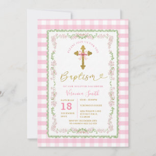 Bow Coquette Baptism Cross Grandmillenial Floral Invitation