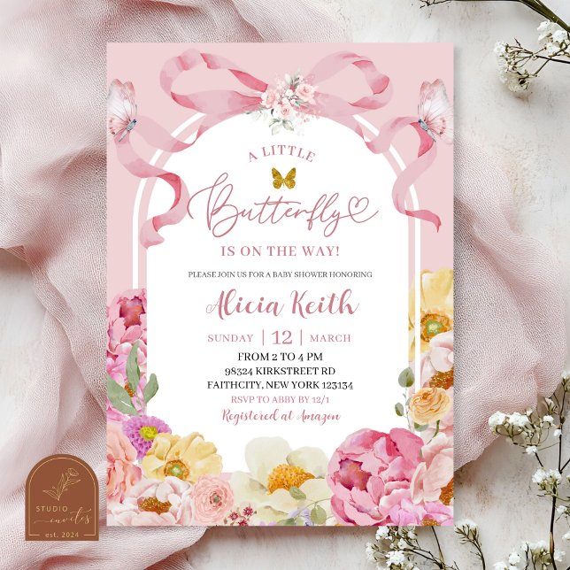 Bow Coquette Colorful Floral Summer Butterfly Baby Invitation (Creator Uploaded)