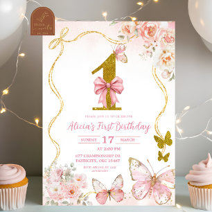 Bow Coquette Pink Butterfly First Birthday Invitation