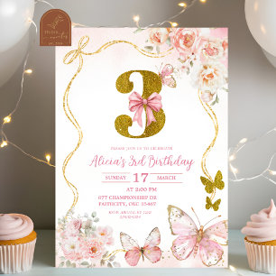 Bow Coquette Pink Butterfly Third Birthday Invitation