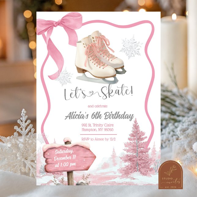 Bow Coquette Pink Girl Let's Skate Birthday Invitation (Creator Uploaded)