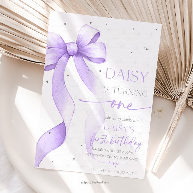 Bow Coquette Purple 1st Birthday  Invitation (Bow Coquette Birthday Invitation )