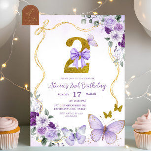 Bow Coquette Purple Butterfly Second Birthday Invitation