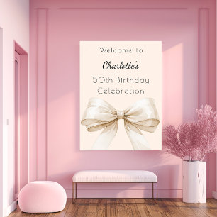 Bow cream beige birthday party welcome poster