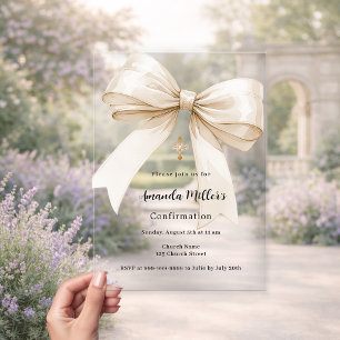 Bow cream beige girl clear Confirmation Acrylic Invitations