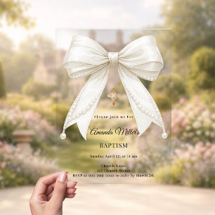 Bow Cream Pearls Girl Elegant Baptism Acrylic Invitations