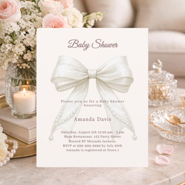 Bow cream pearls neutral Baby Shower invitation (Creator Uploaded)
