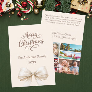 Bow cream photo year review mocha brown Christmas Holiday Card