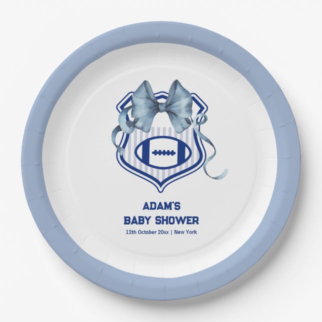 Bow Crest Rookie Football Sport Boy Baby Shower Paper Plate (Front)