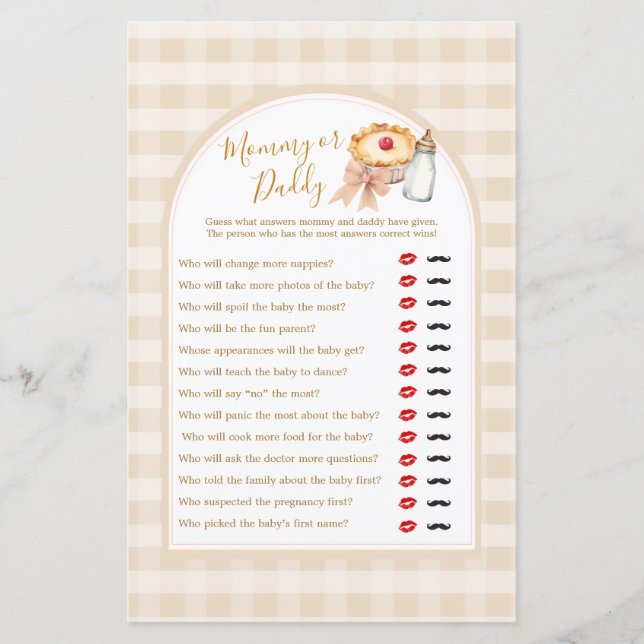 Bow Cutie Pie Pastel Gingham Mummy or Daddy Game (Front)