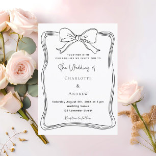 Bow doodle black white wedding invitation