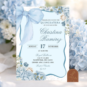 Bow Dusty Blue coquette floral Quinceanera Invitation