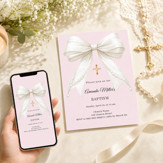 Bow dusty blush pink ivory pearls Baptism Invitation (Creator Uploaded)