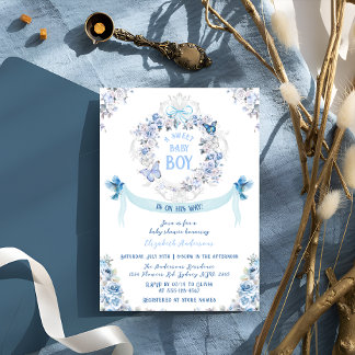 Bow Dusty Floral Crest Sweet Baby Boy Baby Shower Invitation