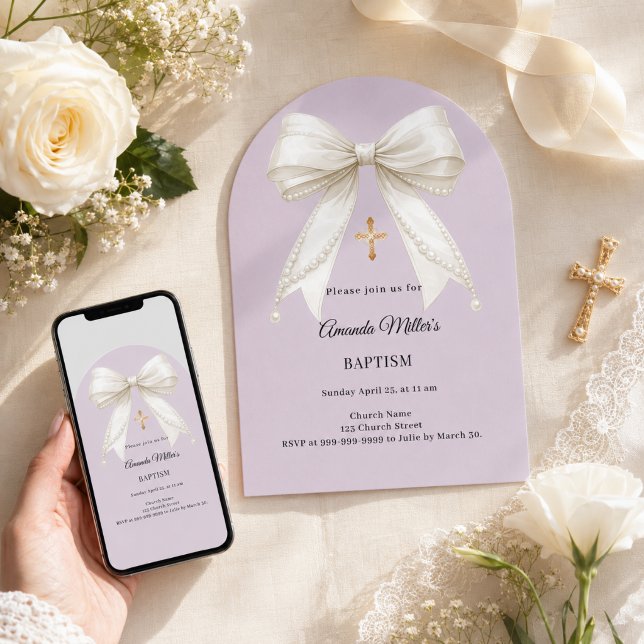 Bow dusty lavender ivory pearls arch Baptism Invitation (Creator Uploaded)