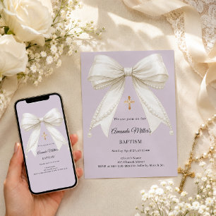 Bow dusty lavender ivory pearls Baptism Invitation