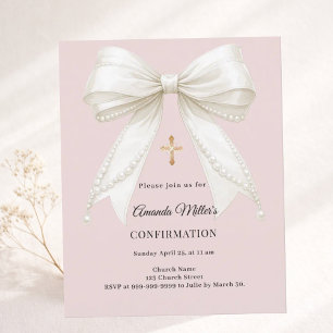 Bow dusty pink ivory pearl Confirmation invitation